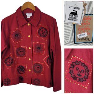 Vintage NEW Sweatshirt Jacket Coat size Medium Petite Sun Moon Art To Wear Red